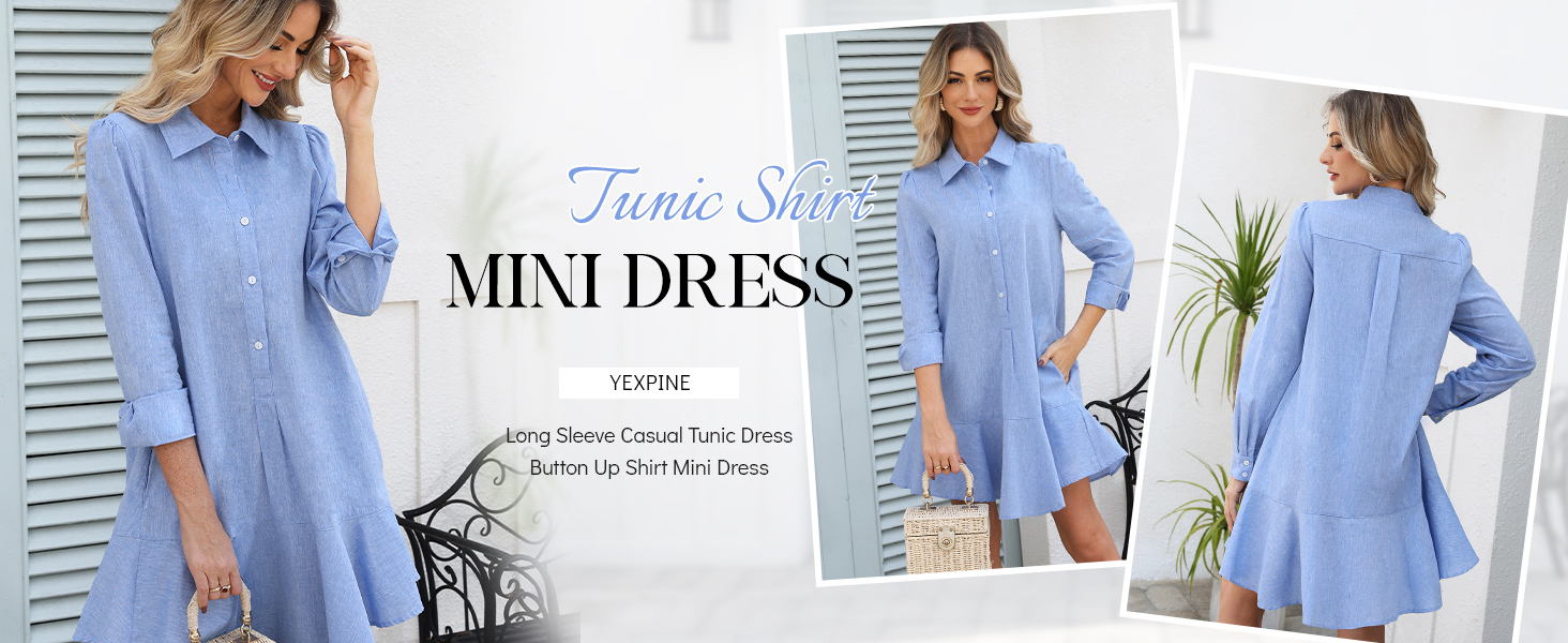 YEXPINE Women Spring Summer Cotton Shirt Dress Button Up Beach